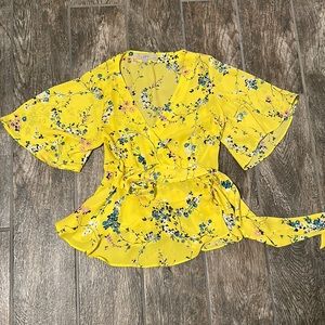 Loft XSP yellow floral wrap flounce blouse